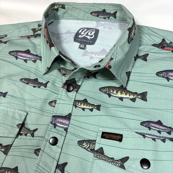 Yo Colorado Snap Button Shirt Rainbow Brook Lake Trout All Over Print Mens XL - Picture 3 of 7